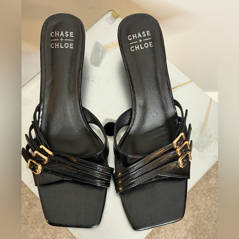 Chase + Chloe Black Kitten Heels with Gold Buckle NWOT - Picture 2 of 5